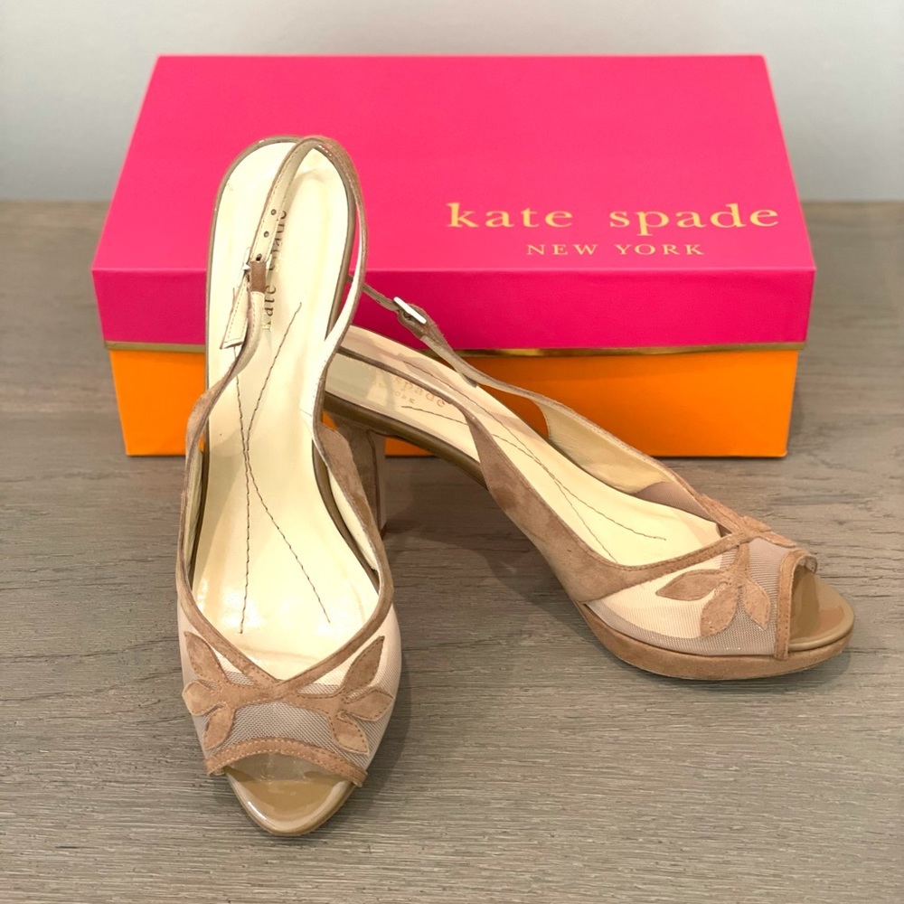 Kate Spade Bethanny Suede/Mesh Platform Open Sling. Color Camel Side 9 AA